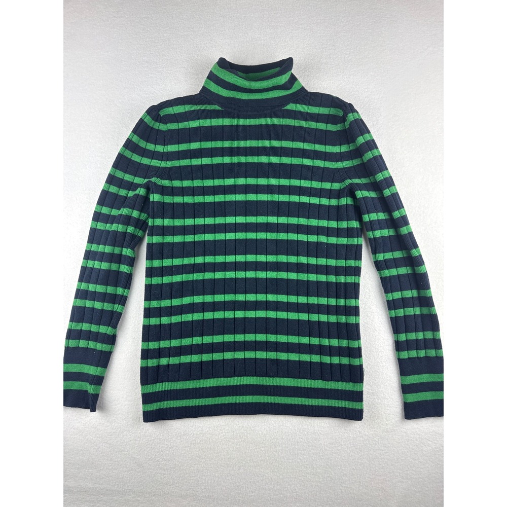 Talbots Womens Navy Blue Green Striped Ribbed Turtleneck Preppy Sweater Size M